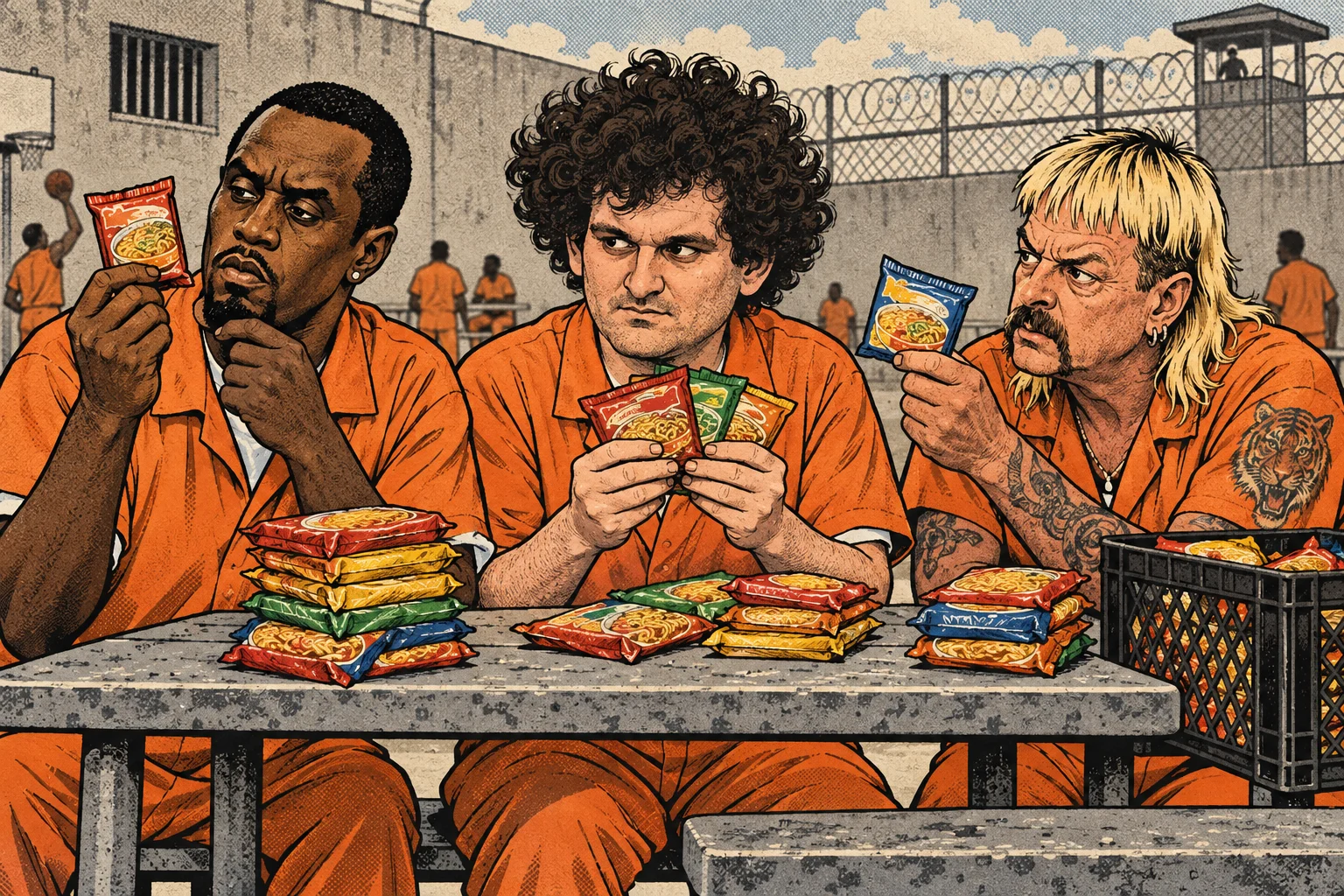 Satirical cartoon of Diddy, SBF and Joe Exotic in orange uniforms trading ramen in a prison yard